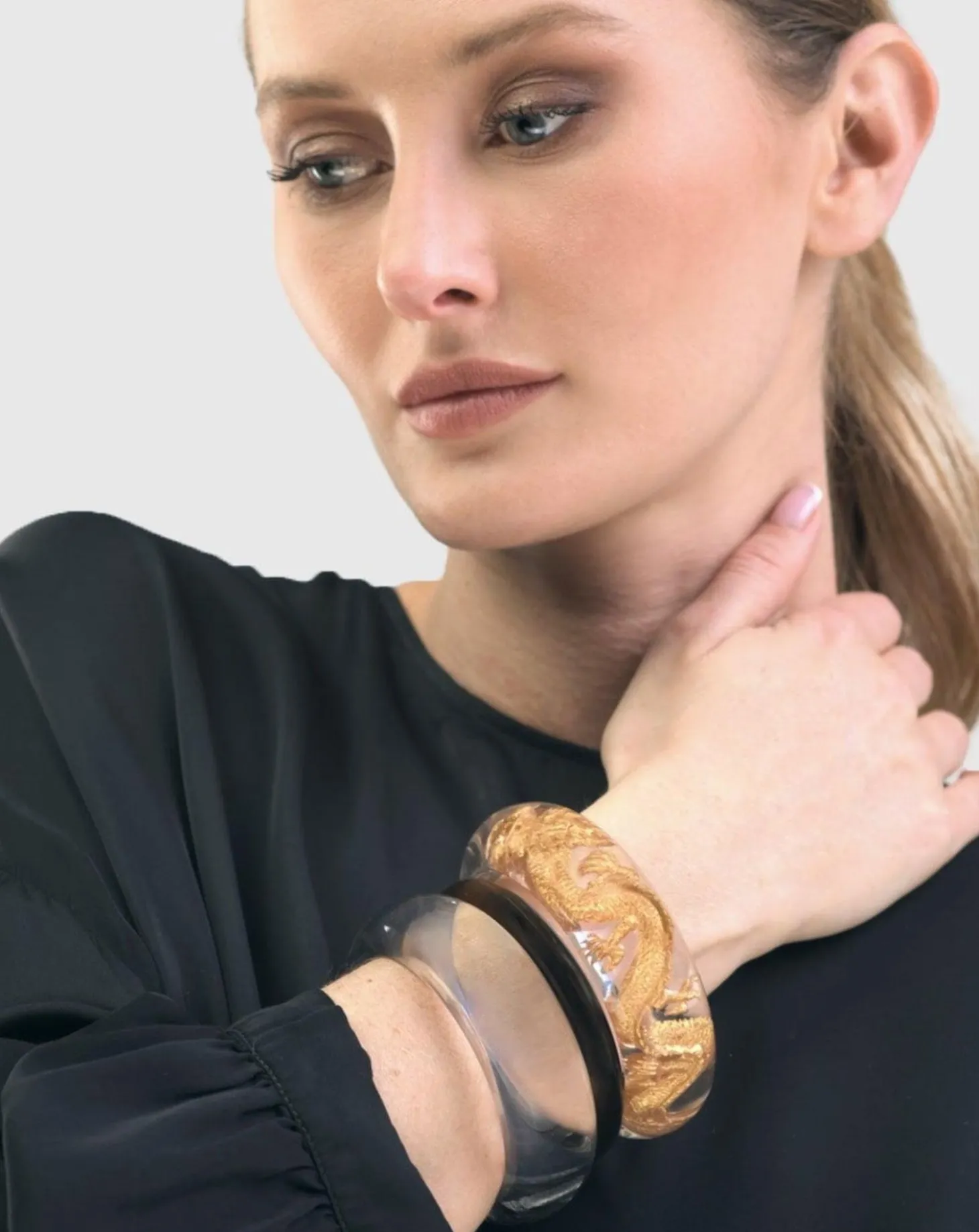 Dragon Inlay Bangle Bracelet, Gold