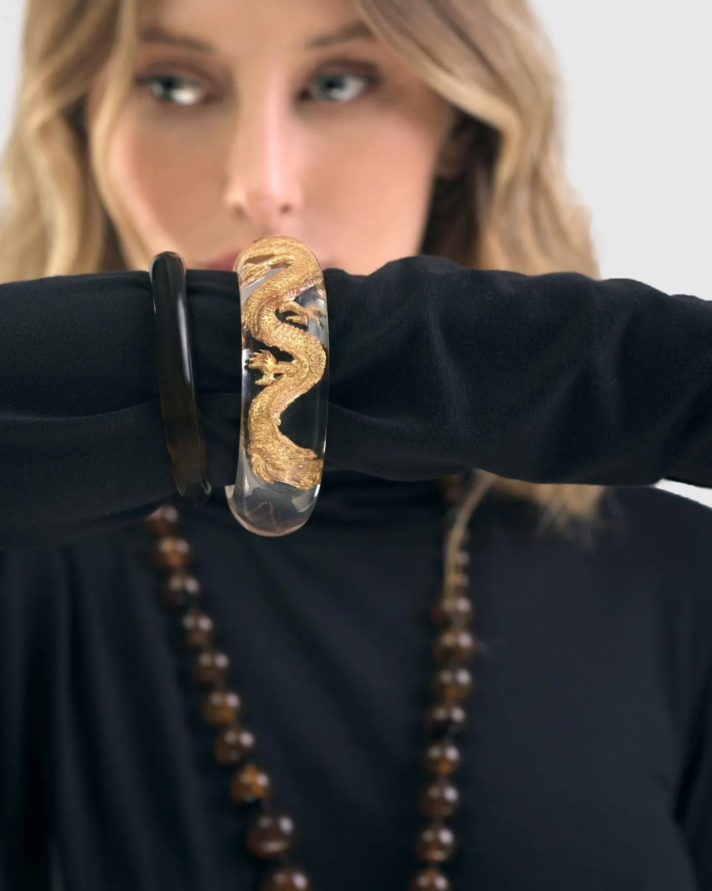 Dragon Inlay Bangle Bracelet, Gold