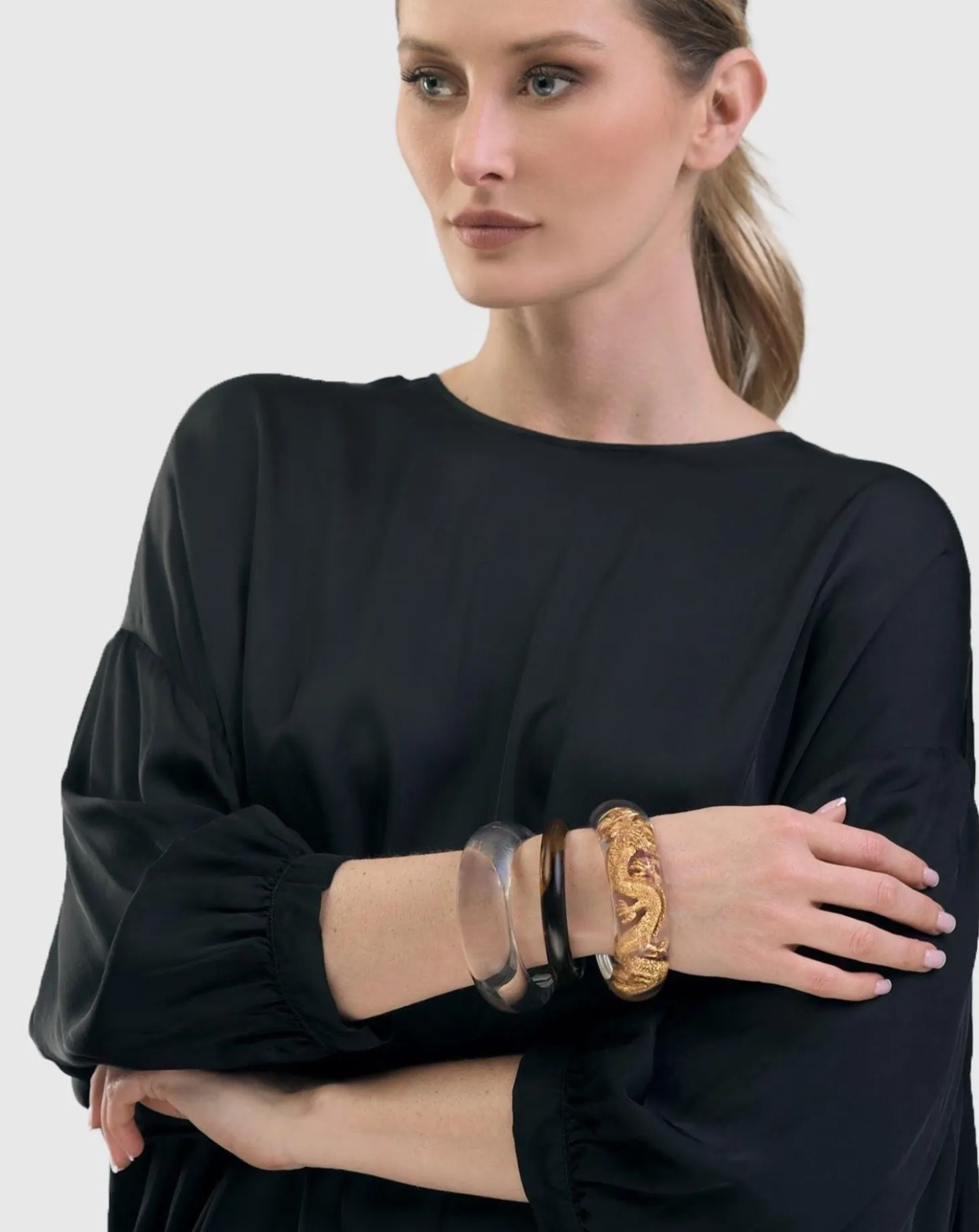 Dragon Inlay Bangle Bracelet, Gold