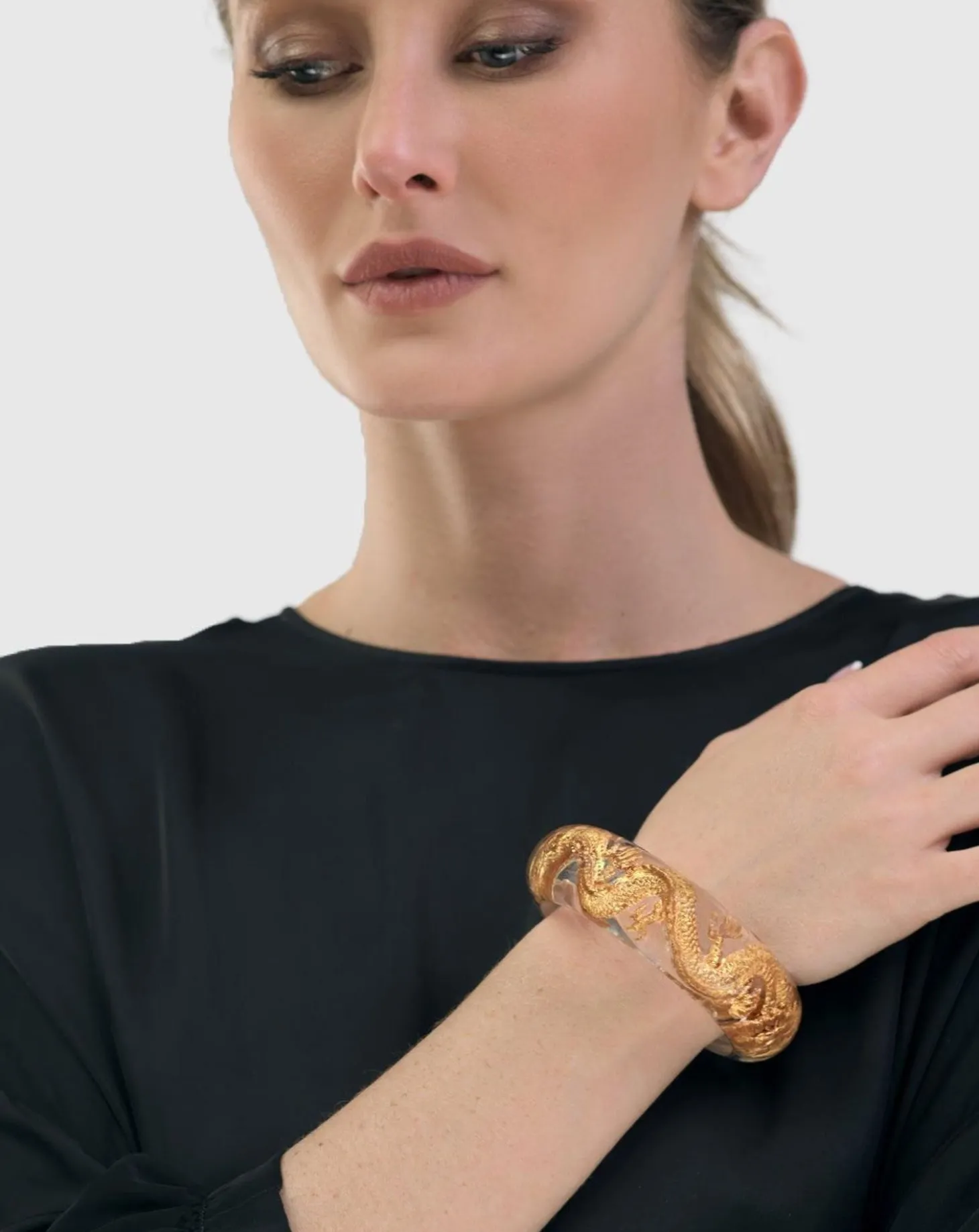 Dragon Inlay Bangle Bracelet, Gold