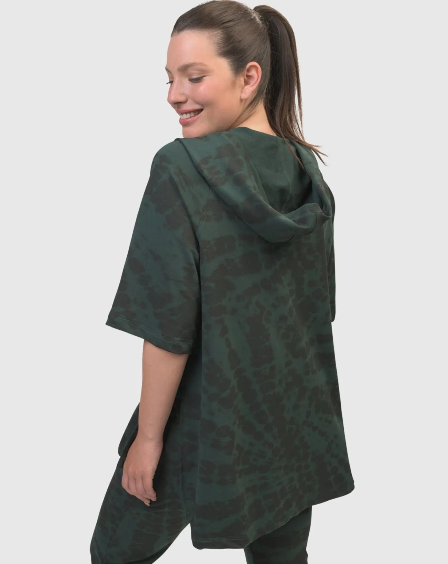 Inhale Hooded Hi-Lo Top, Forest Tie-Dye