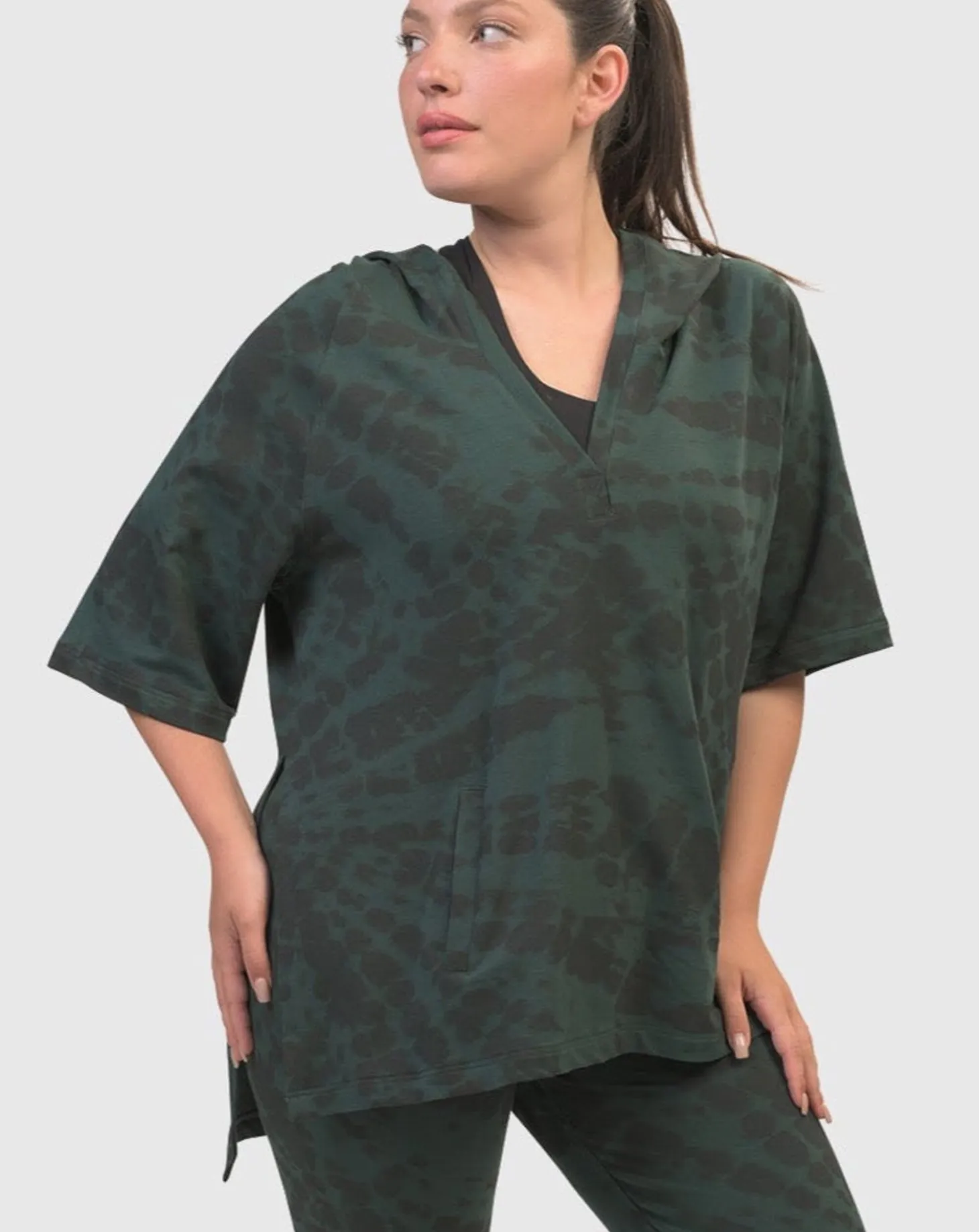 Inhale Hooded Hi-Lo Top, Forest Tie-Dye