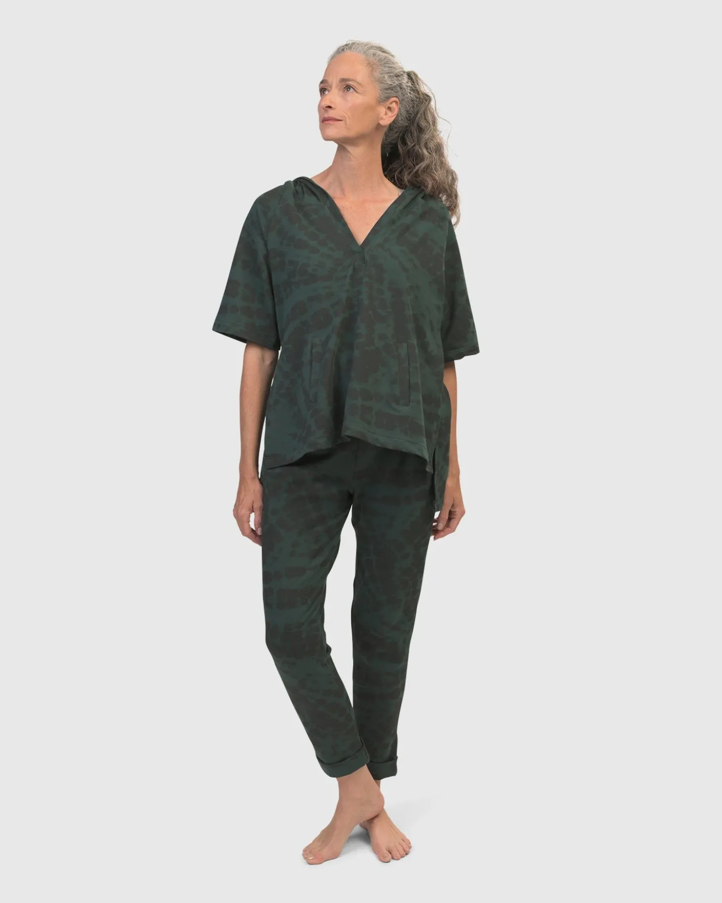Inhale Hooded Hi-Lo Top, Forest Tie-Dye