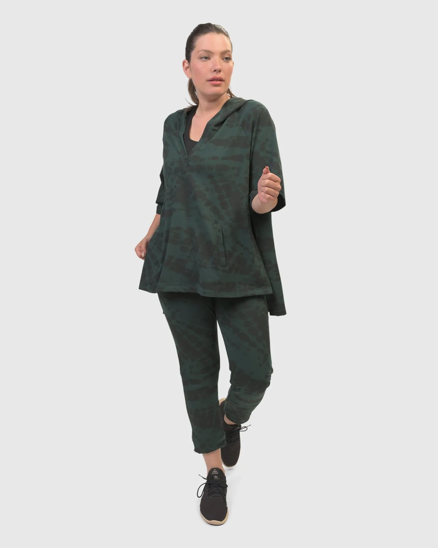 Inhale Hooded Hi-Lo Top, Forest Tie-Dye