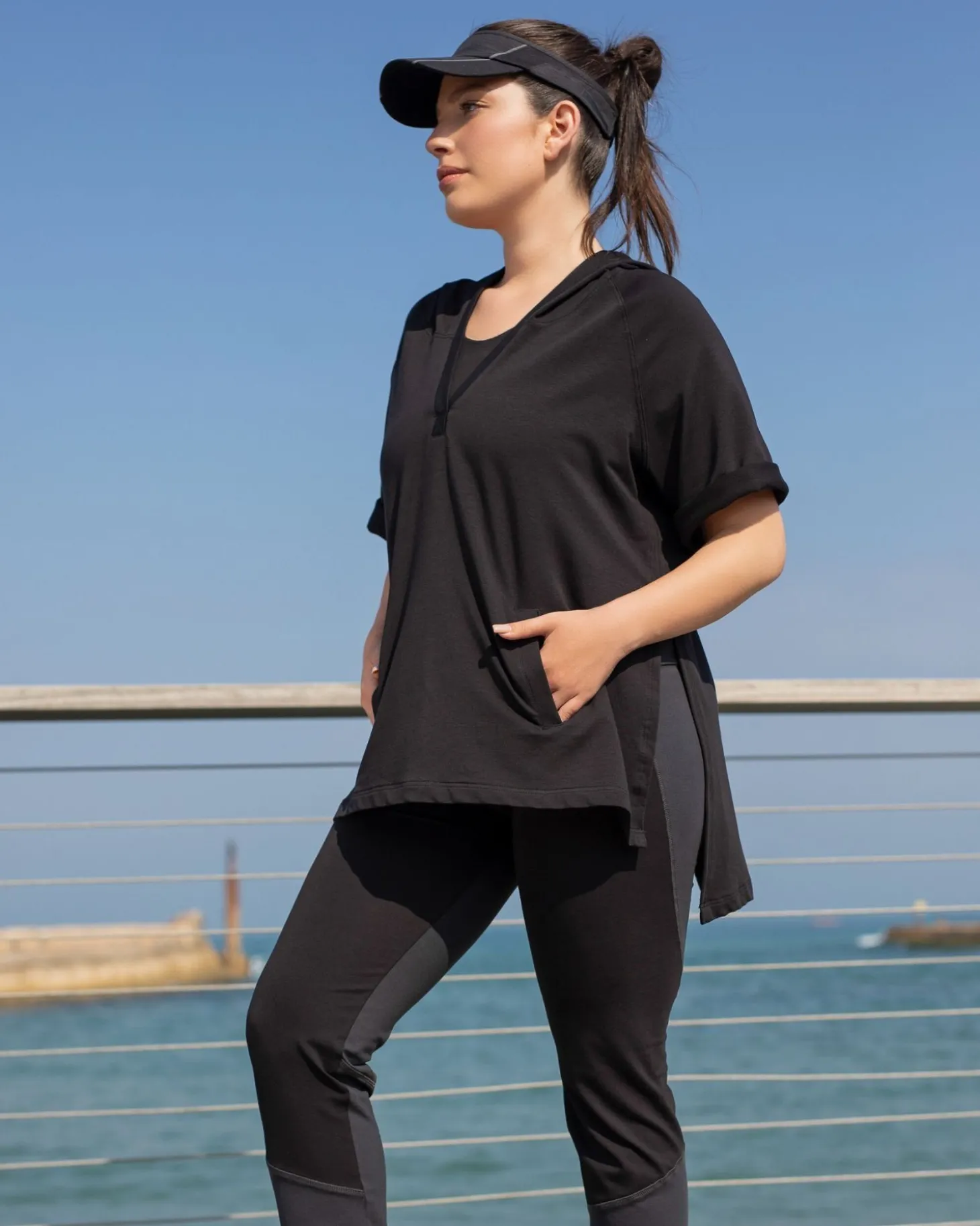 Inhale Hooded Hi-Lo Top, Solid Black
