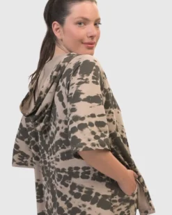 Inhale Hooded Hi-Lo Top, Stone Tie-Dye