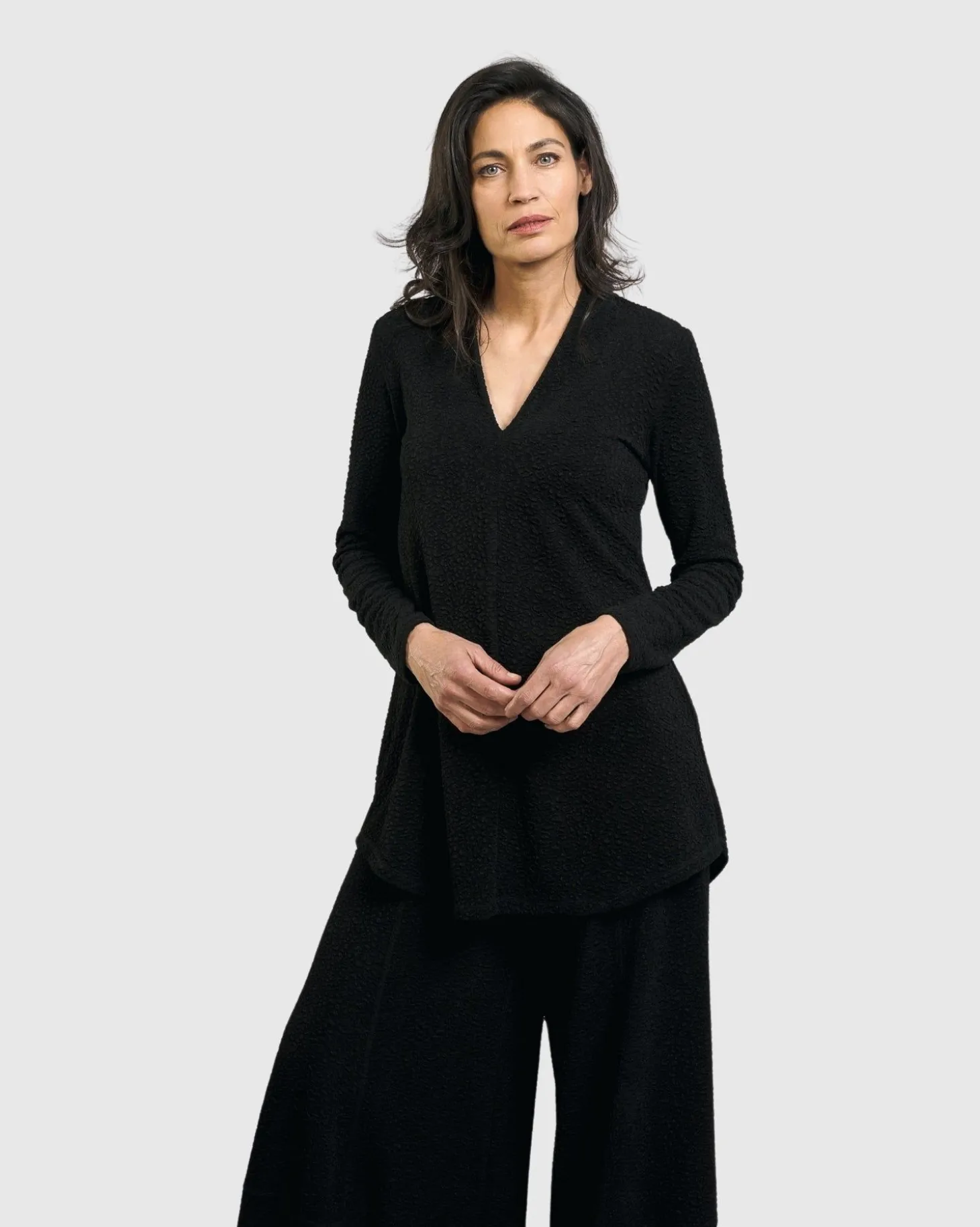 Jacquard V-Neck Tunic Top, Black