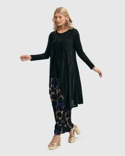 Leo Flocked Velvet Hi-Lo Tunic Top, Black