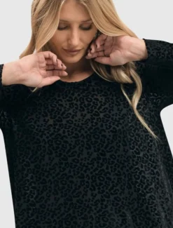 Leo Flocked Velvet Hi-Lo Tunic Top, Black
