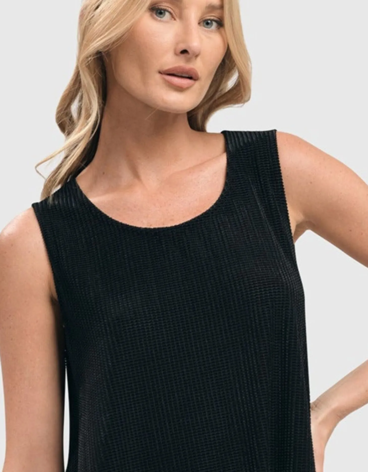 Liv Sleeveless Tunic Top, Black Grid