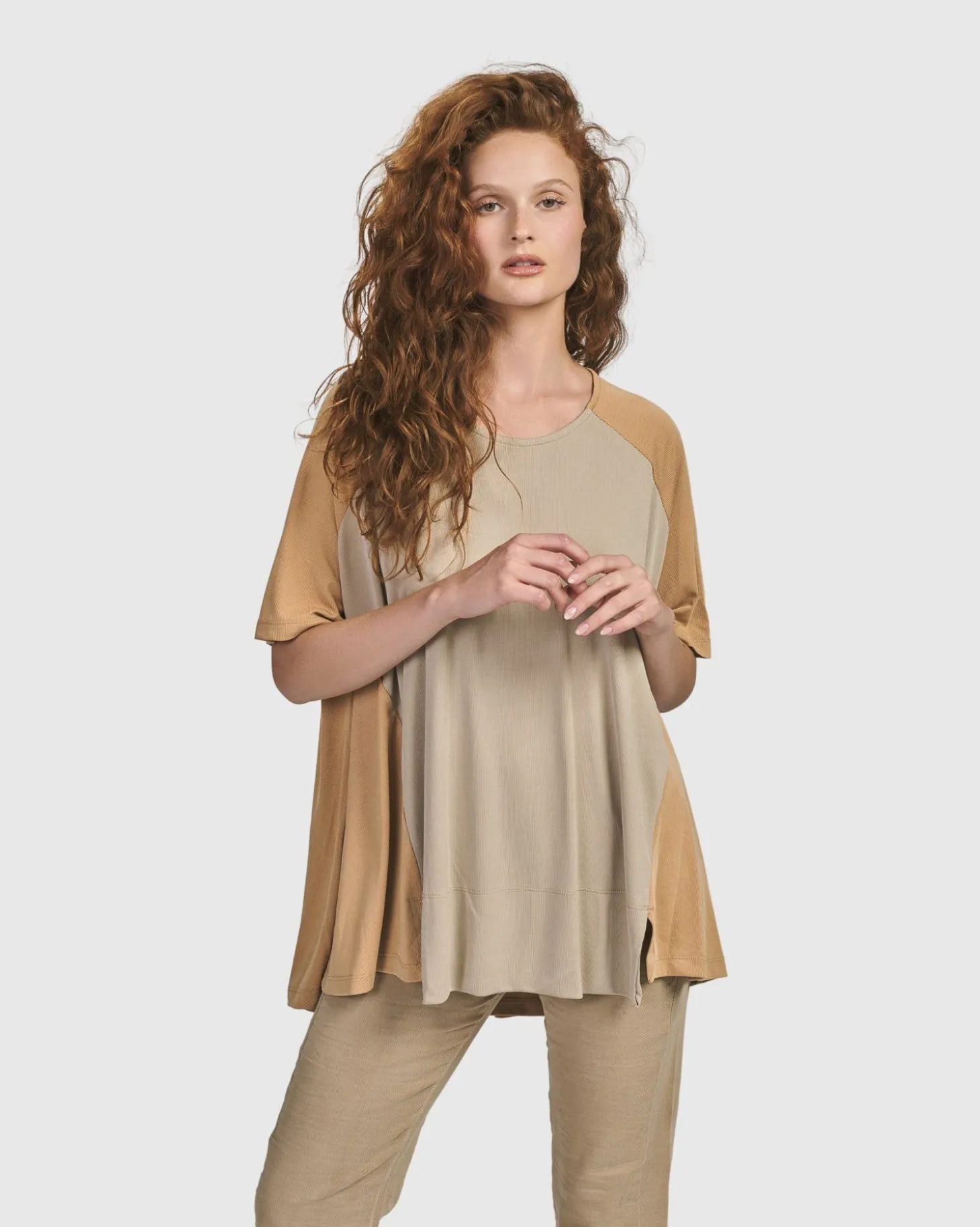 Oasis Colorblock Trapeze Top, Tan