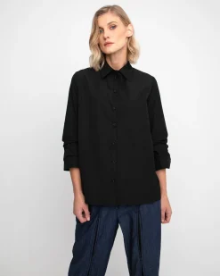 Ozai N Ku Taffeta Scrunch Sleeve Shirt, Black