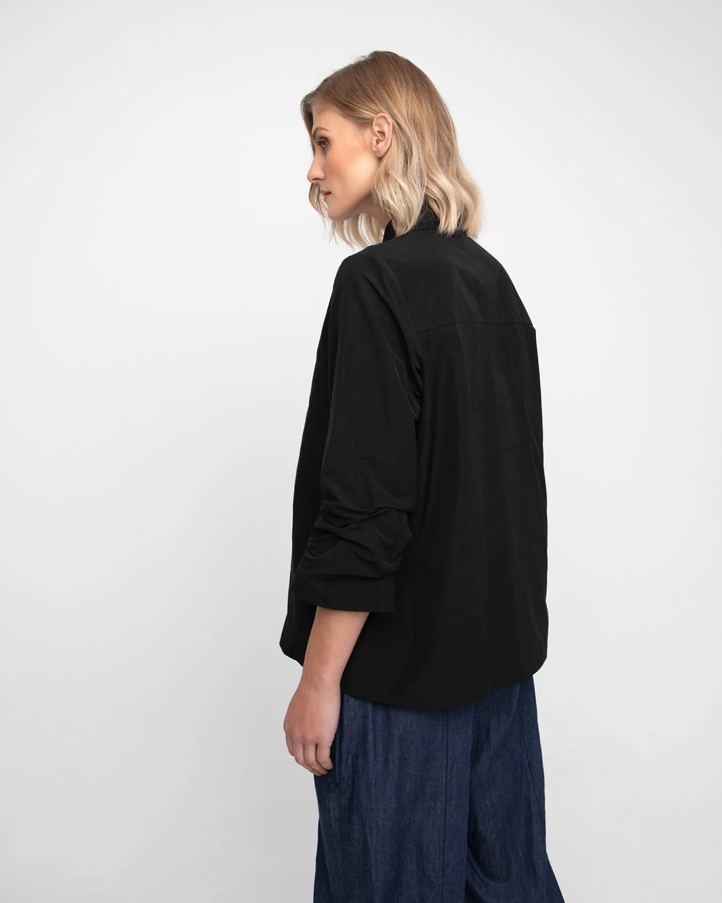 Ozai N Ku Taffeta Scrunch Sleeve Shirt, Black