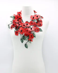 Poppy & Green Leaf Necklace, Red