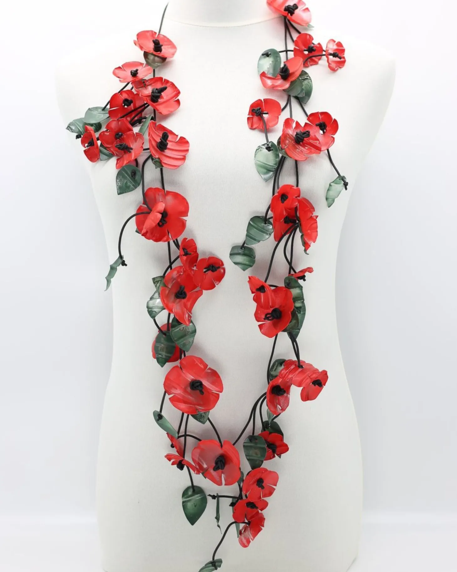Poppy & Green Leaf Necklace, Red