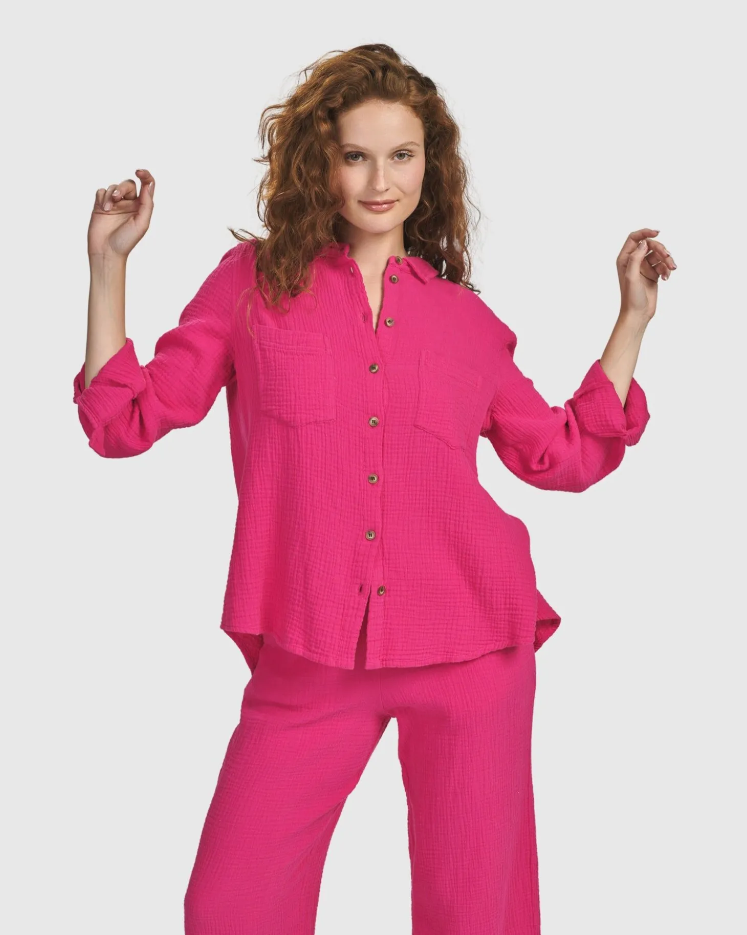 Recreation Button Down Top, Fuchsia