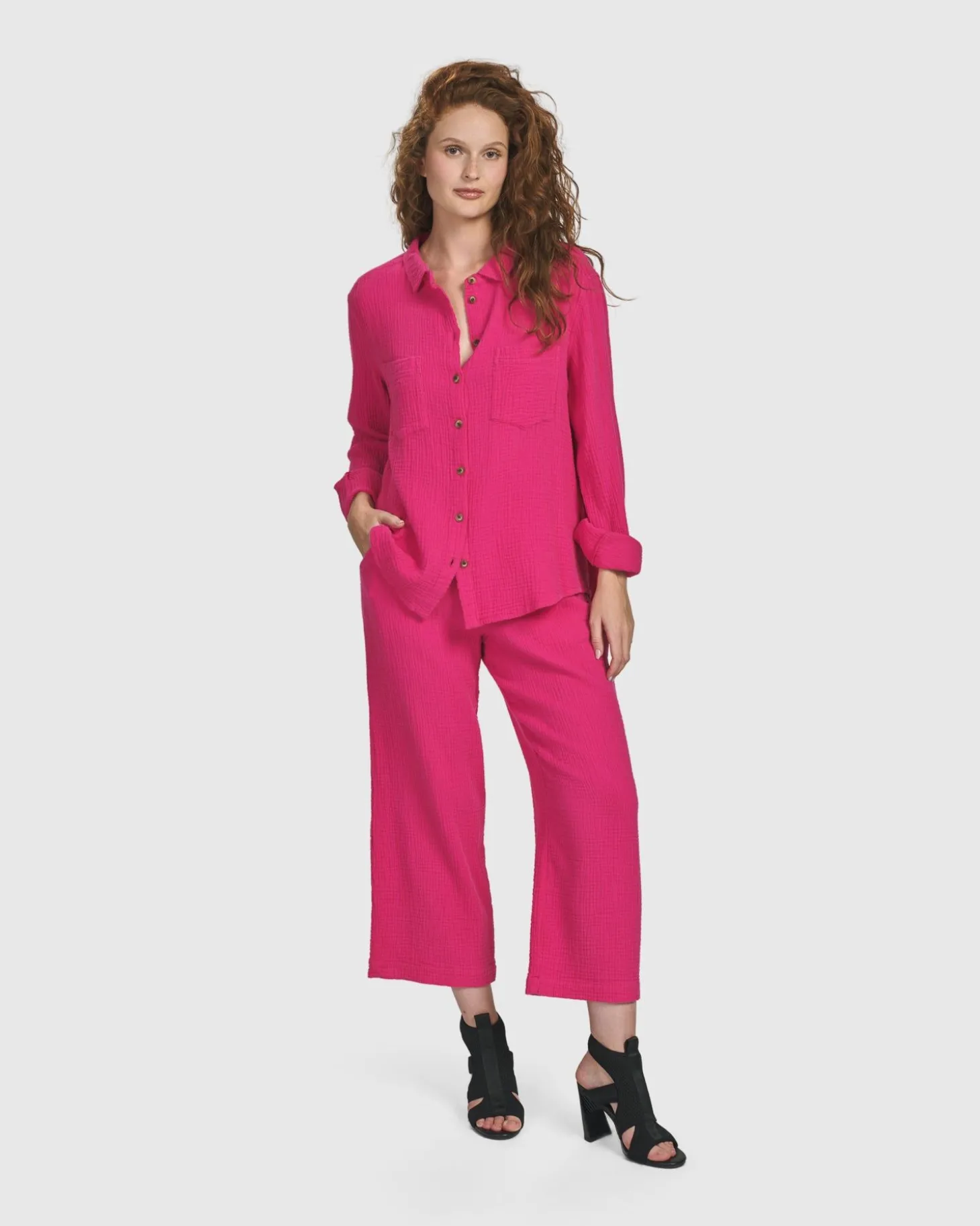Recreation Button Down Top, Fuchsia