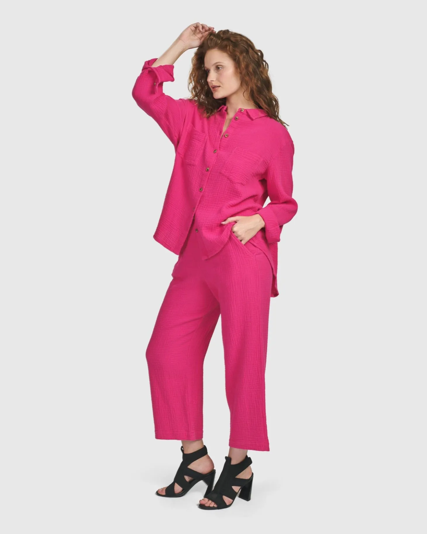 Recreation Button Down Top, Fuchsia