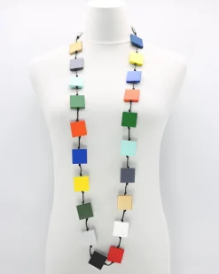 Recycled Wood Square Beads Necklace, Multicolor