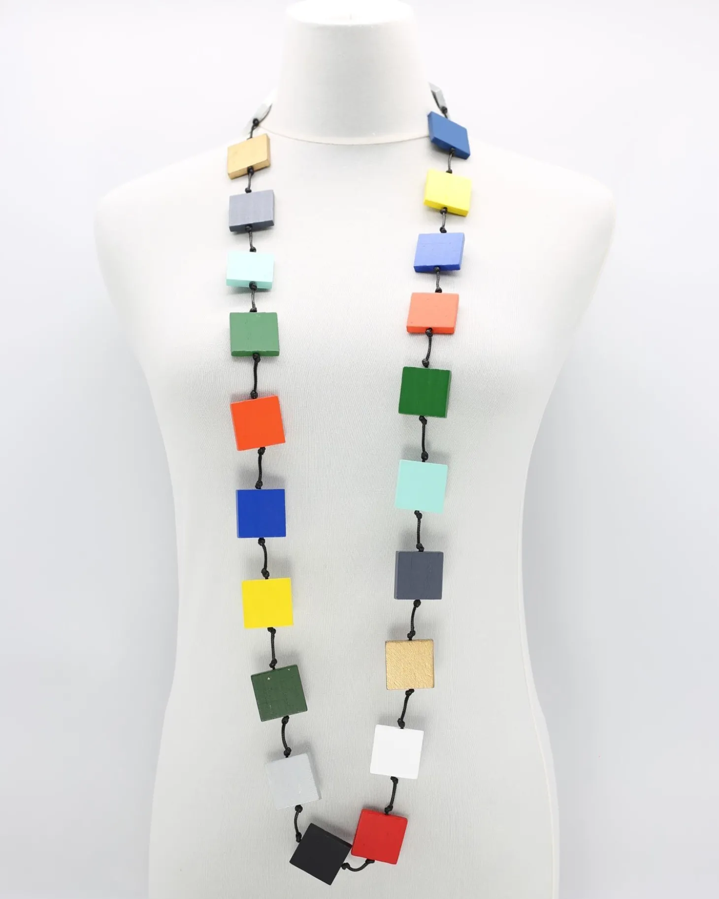 Recycled Wood Square Beads Necklace, Multicolor