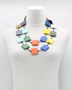 Recycled Wood Square Beads Necklace, Multicolor