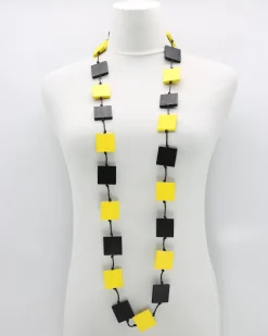 Recycled Wood Square Beads Necklace, Black/Yellow