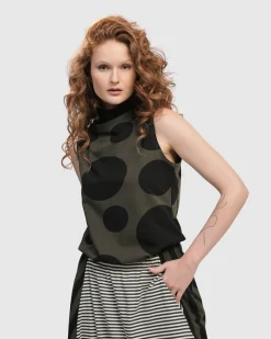 Urban Dots Sleeveless Mockneck Top, Khaki