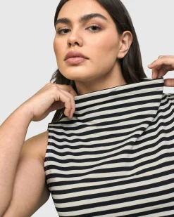 Urban Stripes Sleeveless Mockneck Top, Black